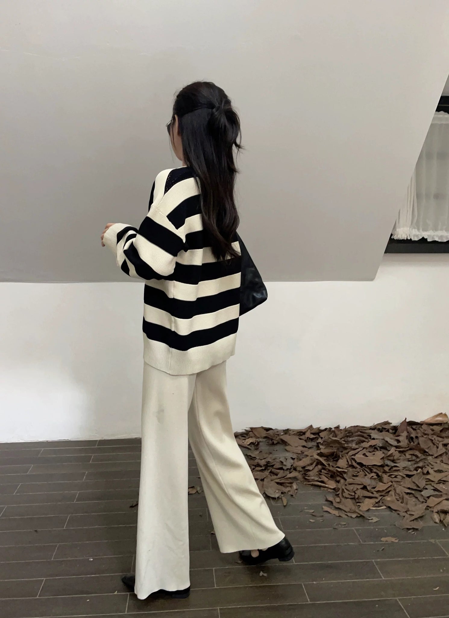 Polo Neck Long Sleeve Stripe Top & Wide Leg Pants Oversize Knitted Terno Set Coords