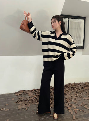 Polo Neck Long Sleeve Stripe Top & Wide Leg Pants Oversize Knitted Terno Set Coords