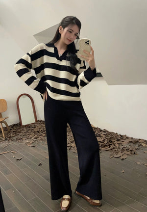 Polo Neck Long Sleeve Stripe Top & Wide Leg Pants Oversize Knitted Terno Set Coords