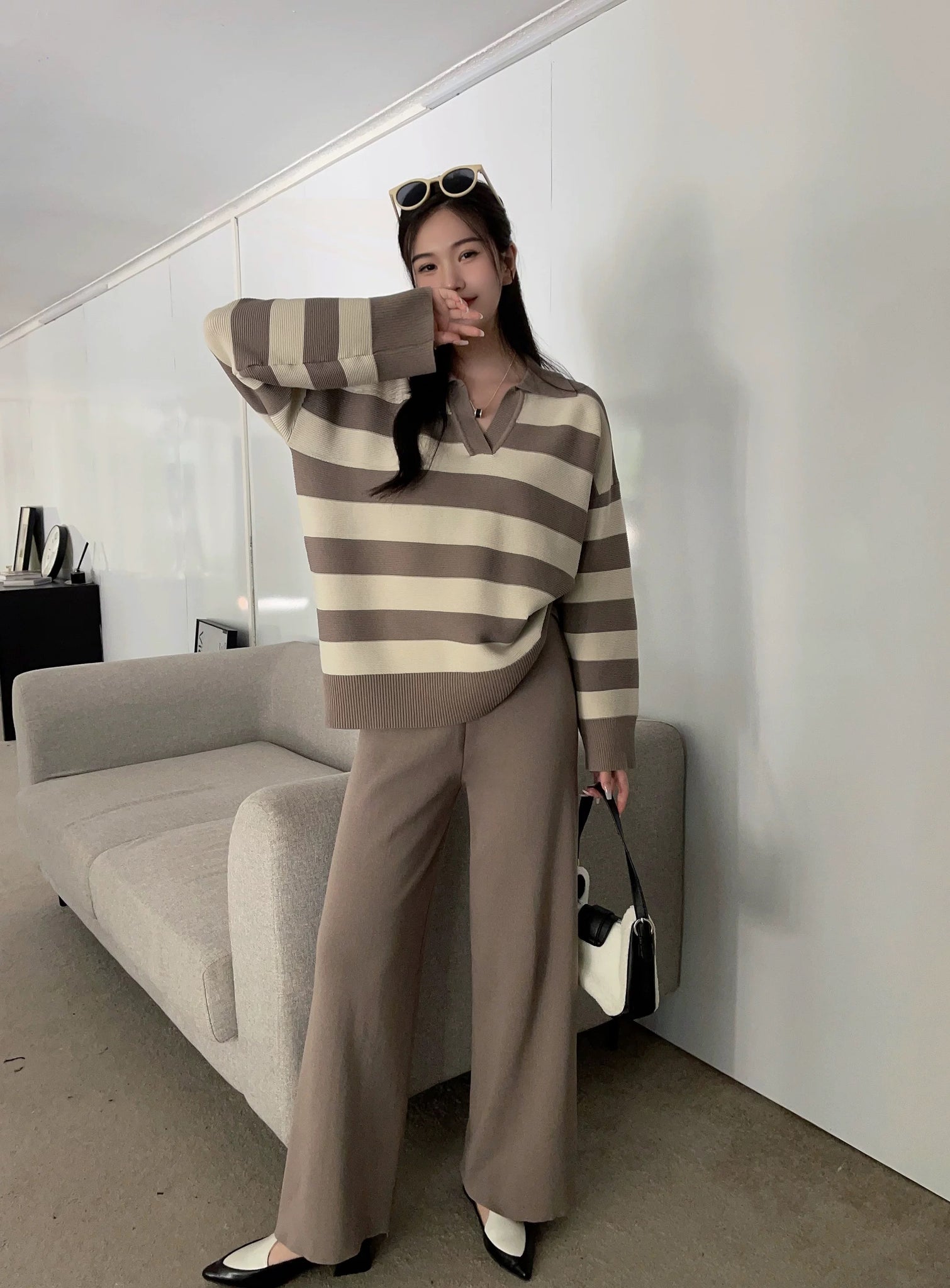 Polo Neck Long Sleeve Stripe Top & Wide Leg Pants Oversize Knitted Terno Set Coords