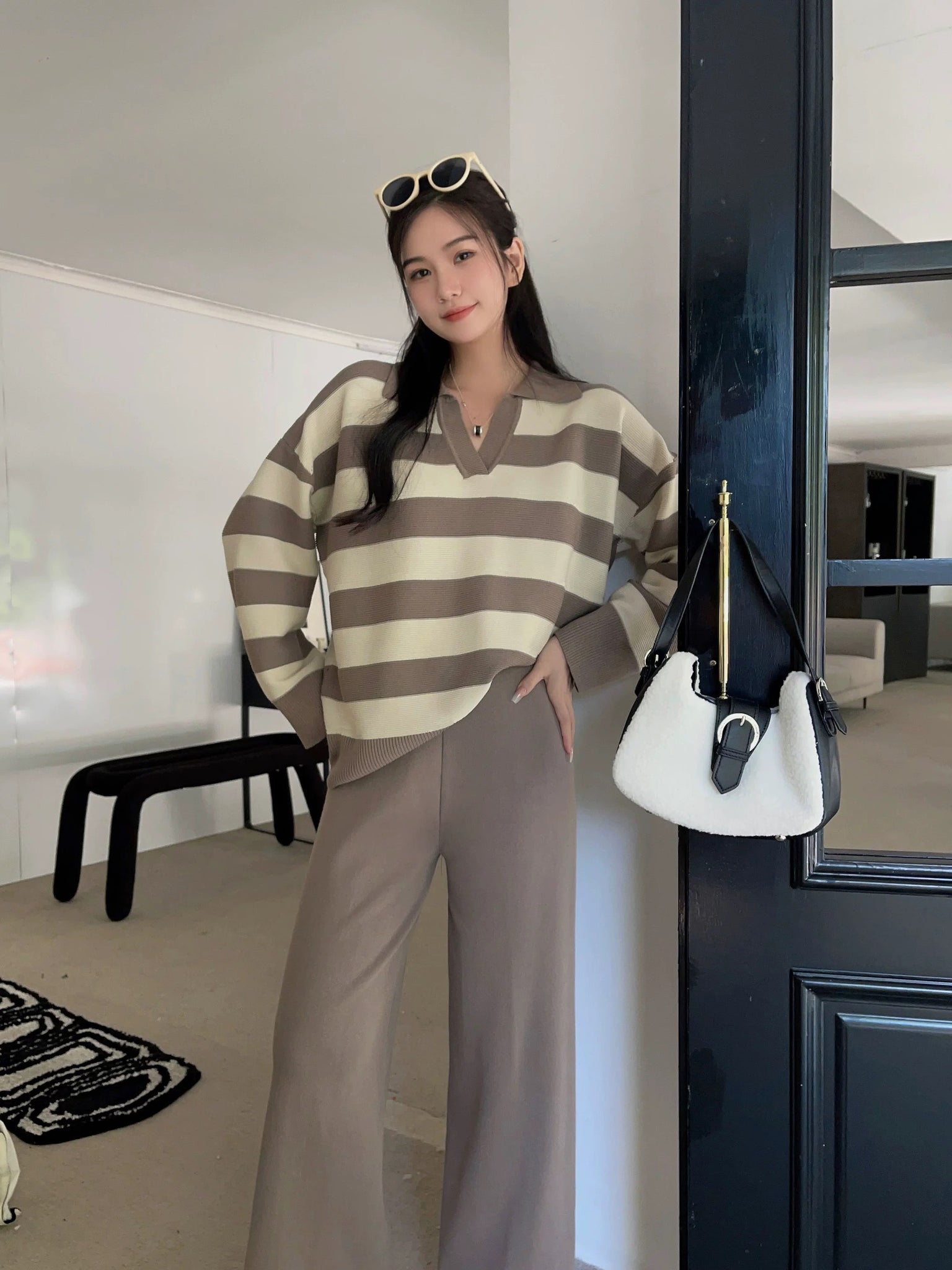 Polo Neck Long Sleeve Stripe Top & Wide Leg Pants Oversize Knitted Terno Set Coords