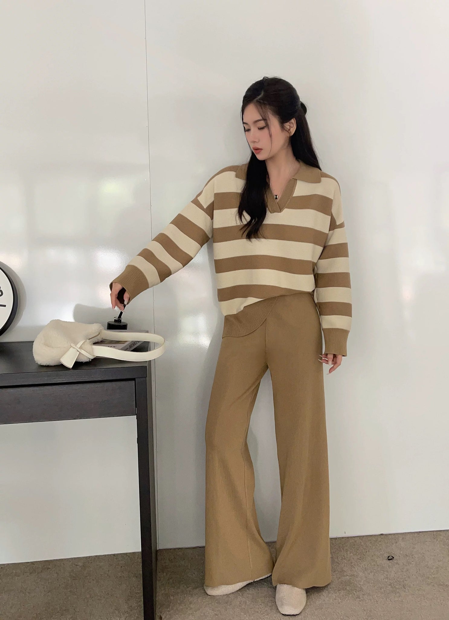 Polo Neck Long Sleeve Stripe Top & Wide Leg Pants Oversize Knitted Terno Set Coords