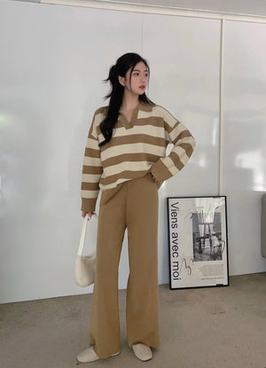 Polo Neck Long Sleeve Stripe Top & Wide Leg Pants Oversize Knitted Terno Set Coords