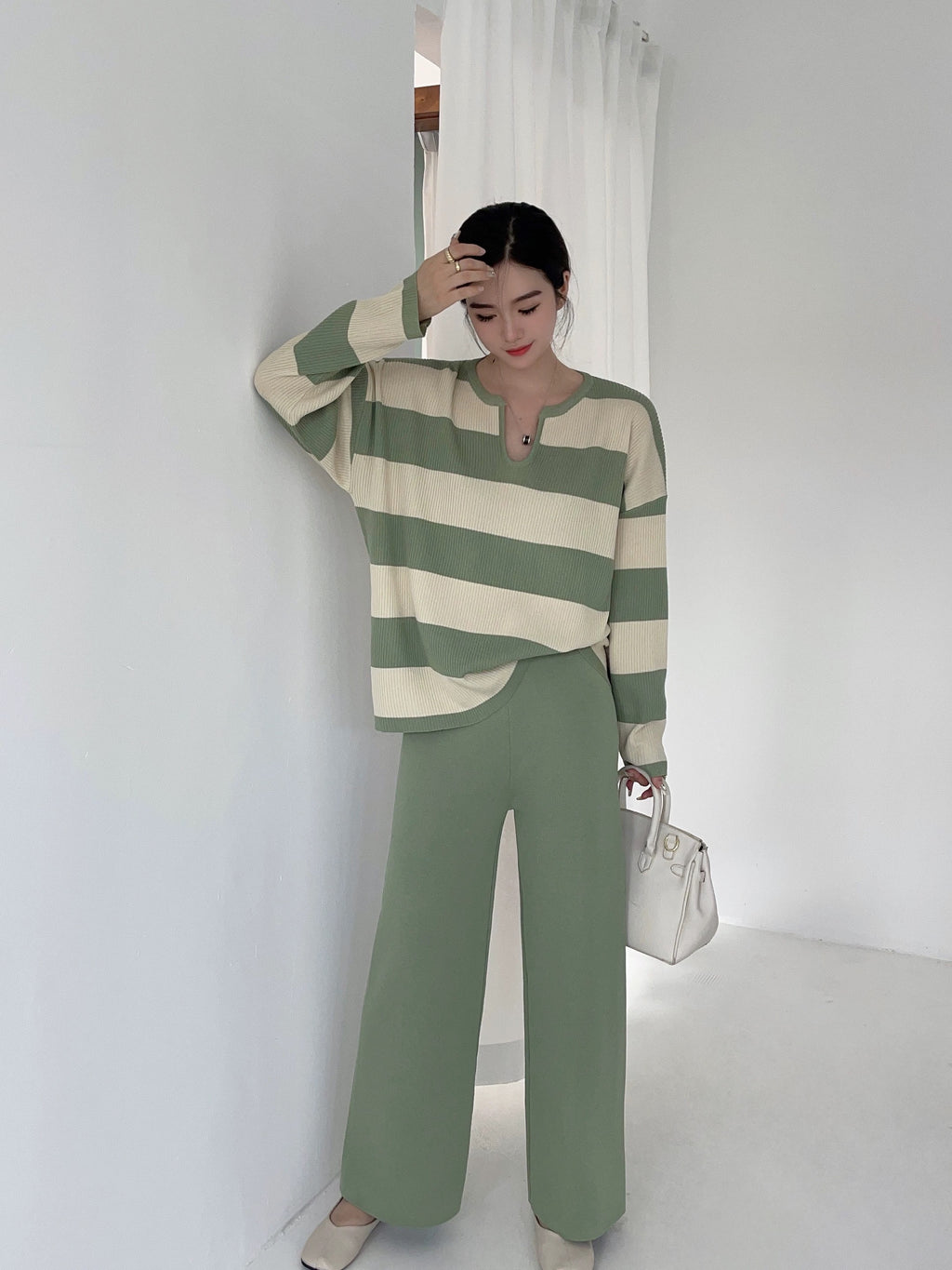 Notch Neck Long Sleeve Stripe Top & Wide Leg Pants Oversize Knitted Terno Set Coords