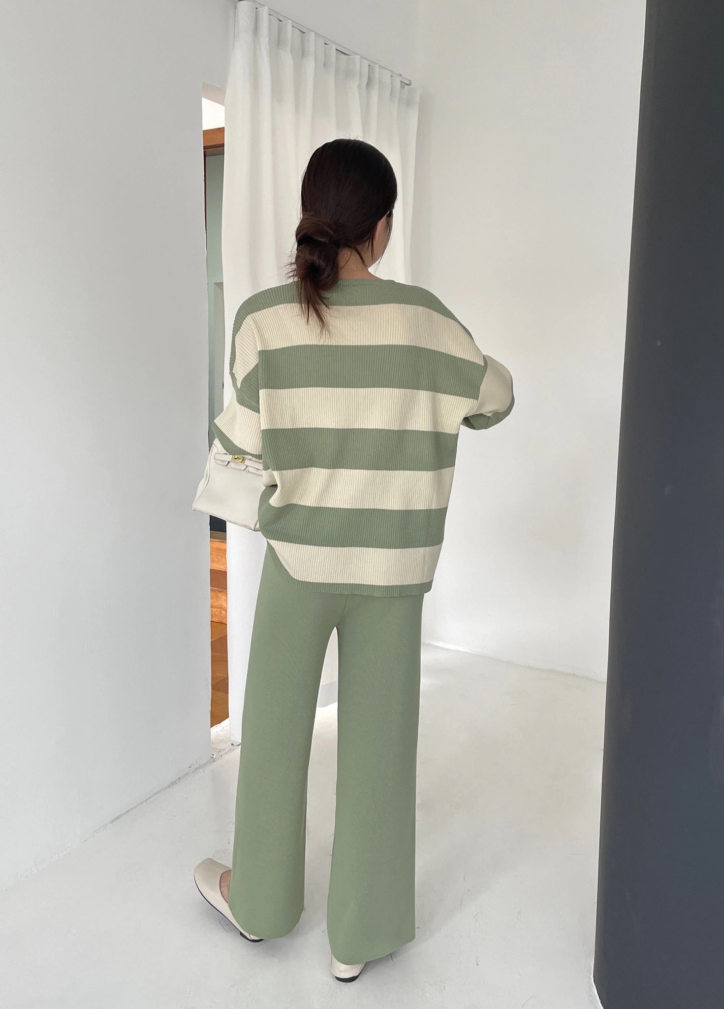 Notch Neck Long Sleeve Stripe Top & Wide Leg Pants Oversize Knitted Terno Set Coords