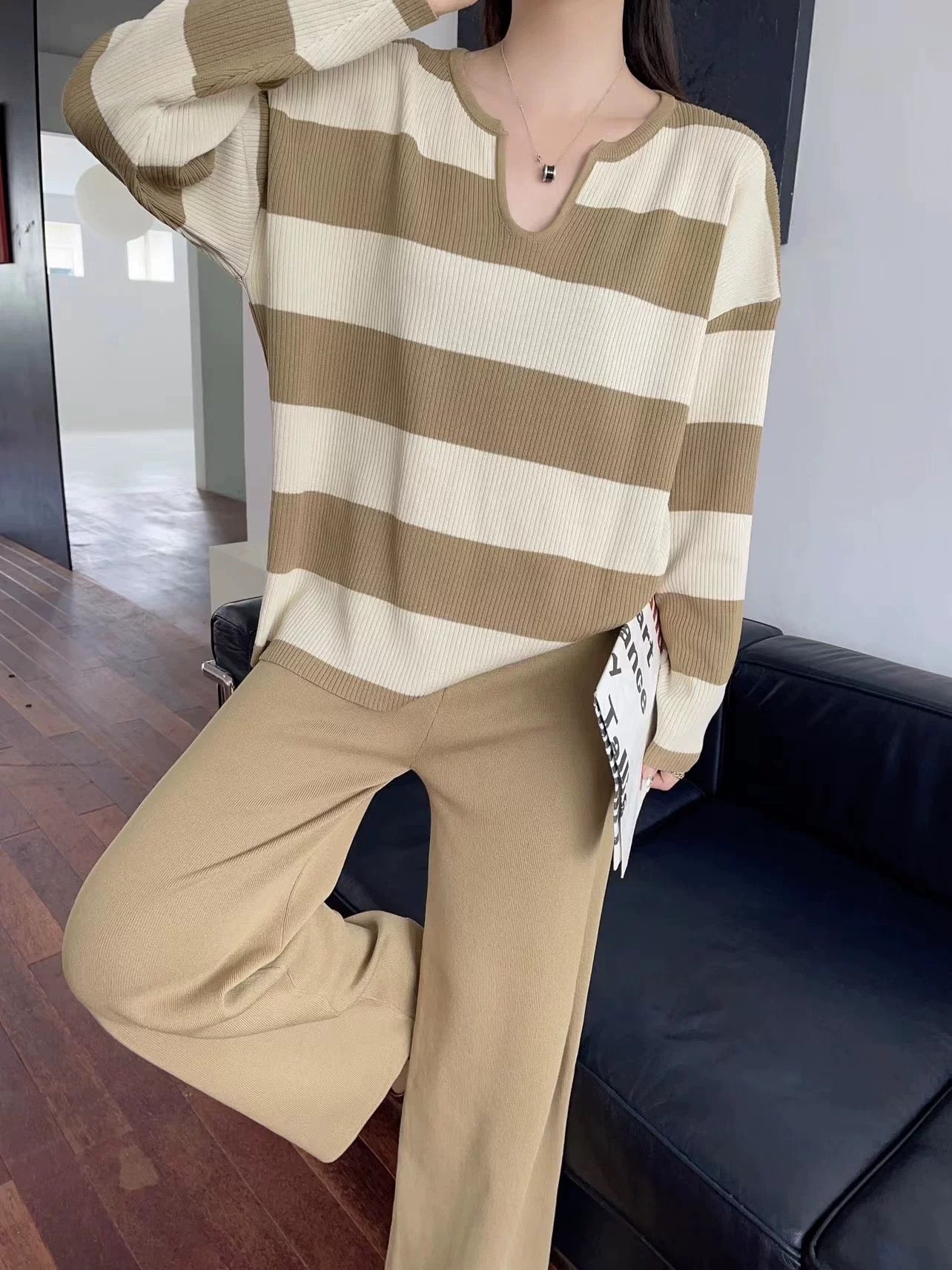 Notch Neck Long Sleeve Stripe Top & Wide Leg Pants Oversize Knitted Terno Set Coords