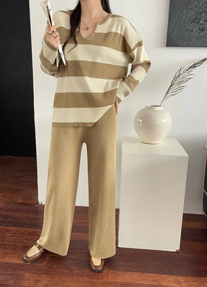 Notch Neck Long Sleeve Stripe Top & Wide Leg Pants Oversize Knitted Terno Set Coords