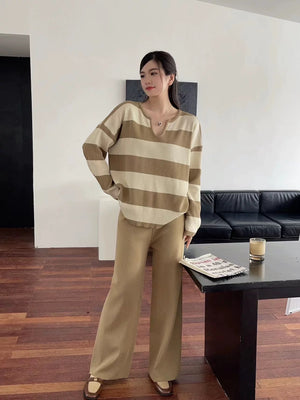 Notch Neck Long Sleeve Stripe Top & Wide Leg Pants Oversize Knitted Terno Set Coords