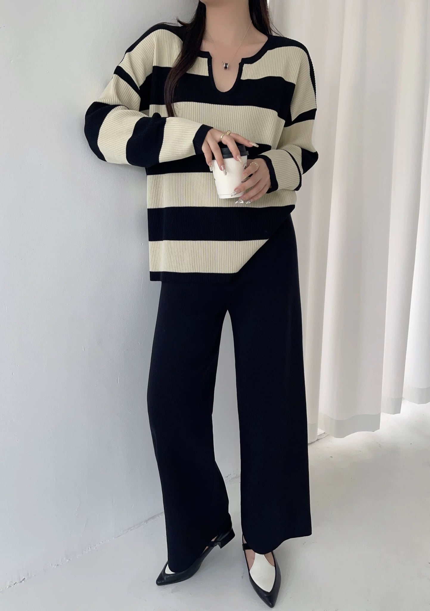 Notch Neck Long Sleeve Stripe Top & Wide Leg Pants Oversize Knitted Terno Set Coords