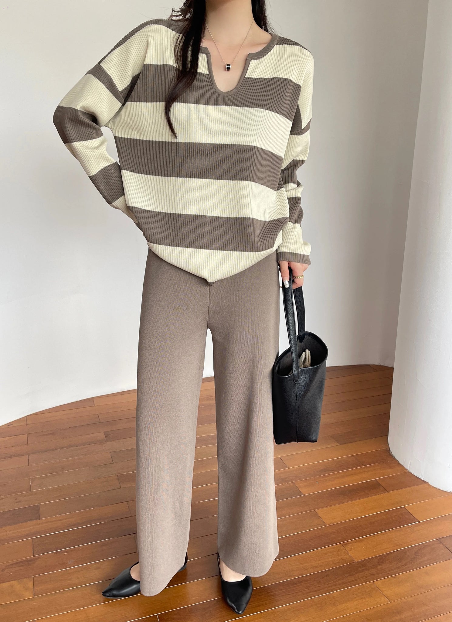 Notch Neck Long Sleeve Stripe Top & Wide Leg Pants Oversize Knitted Terno Set Coords