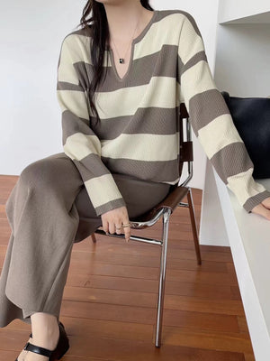 Notch Neck Long Sleeve Stripe Top & Wide Leg Pants Oversize Knitted Terno Set Coords