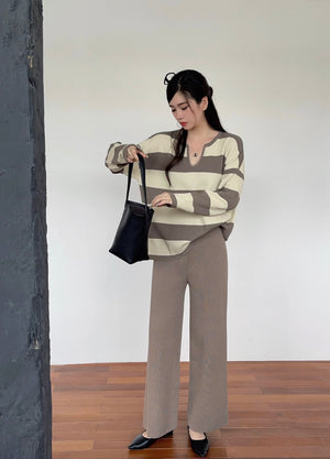 Notch Neck Long Sleeve Stripe Top & Wide Leg Pants Oversize Knitted Terno Set Coords