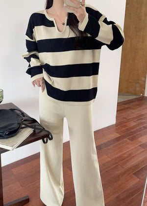 Notch Neck Long Sleeve Stripe Top & Wide Leg Pants Oversize Knitted Terno Set Coords