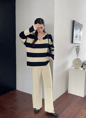 Notch Neck Long Sleeve Stripe Top & Wide Leg Pants Oversize Knitted Terno Set Coords