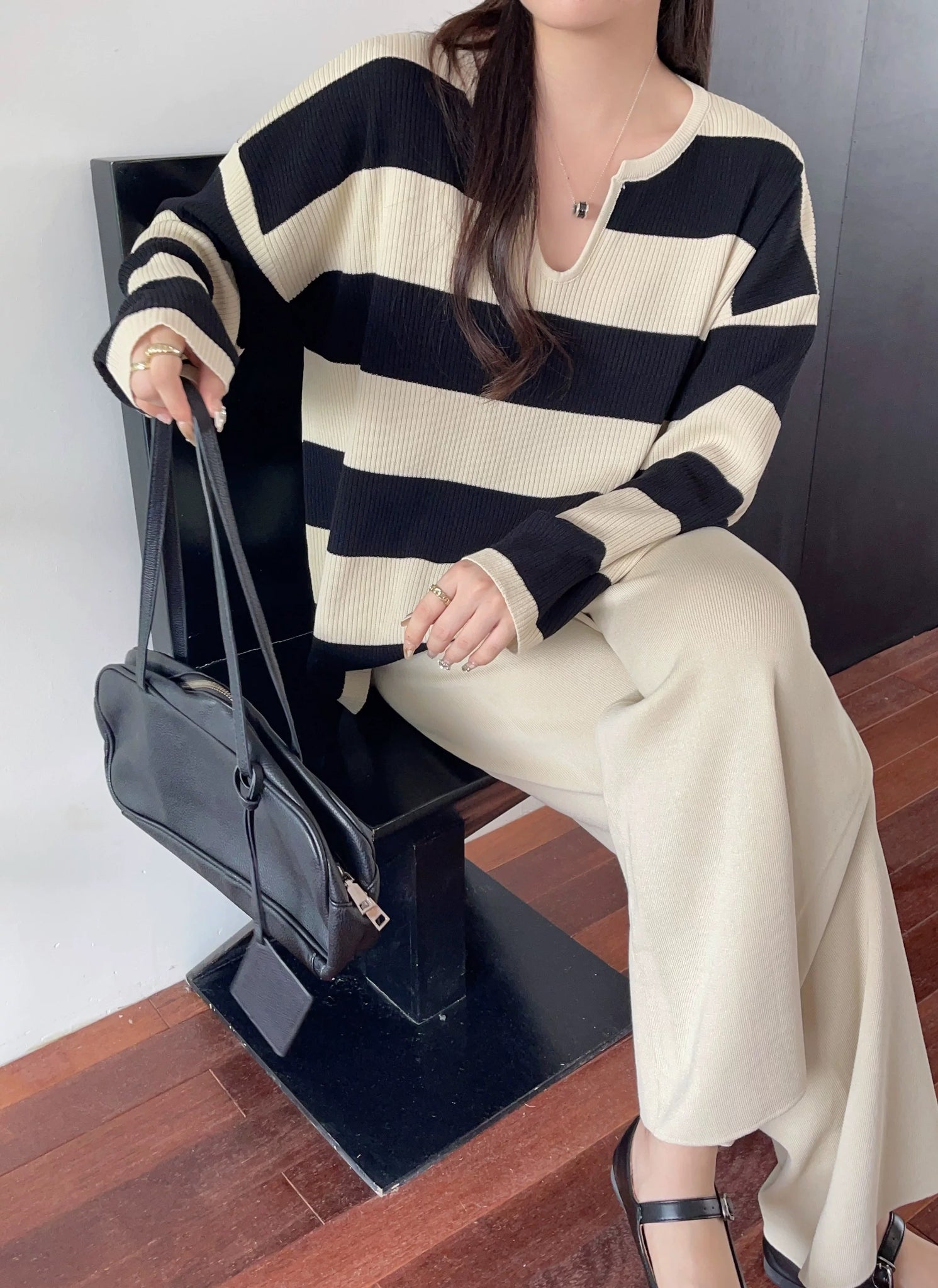 Notch Neck Long Sleeve Stripe Top & Wide Leg Pants Oversize Knitted Terno Set Coords