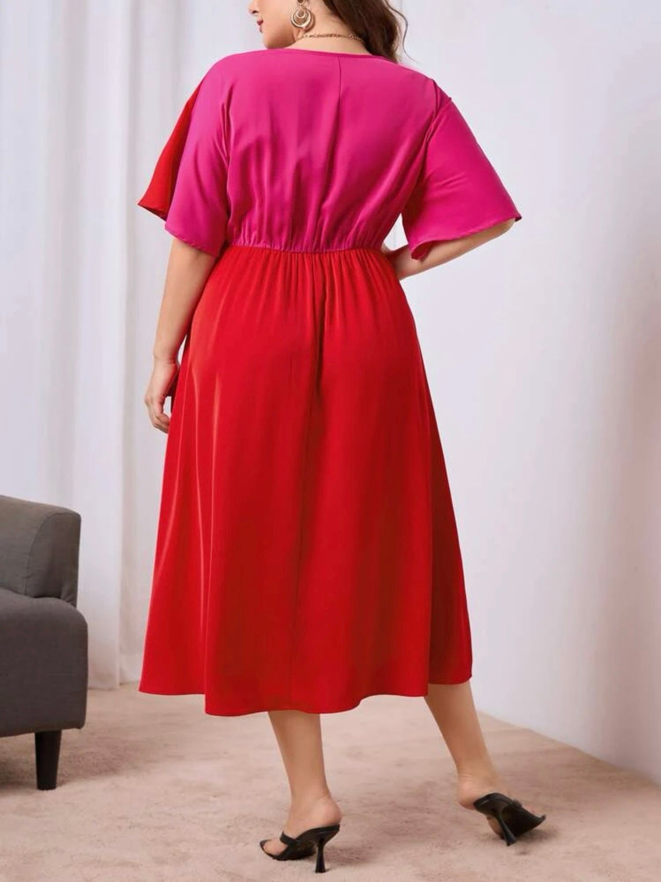 2 Tone Twisted Bowknot Oversize Sleeve Plus Size Dress