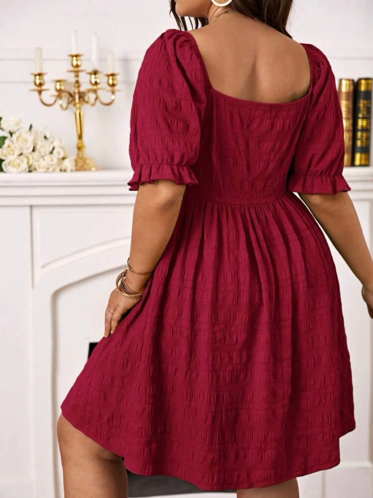 Front Drawstring Elastic Sleeve Babydoll Plus Size Dress