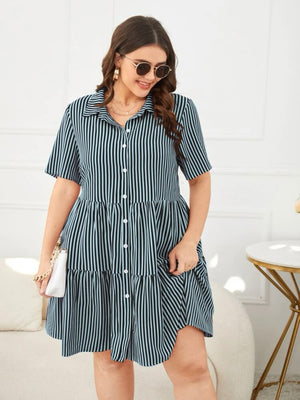 Button Down Flounce Hem Plus Size Polo Dress