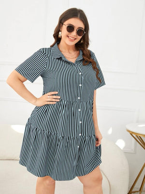 Button Down Flounce Hem Plus Size Polo Dress