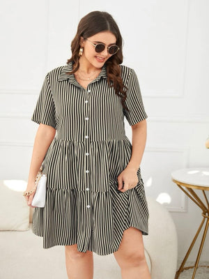 Button Down Flounce Hem Plus Size Polo Dress