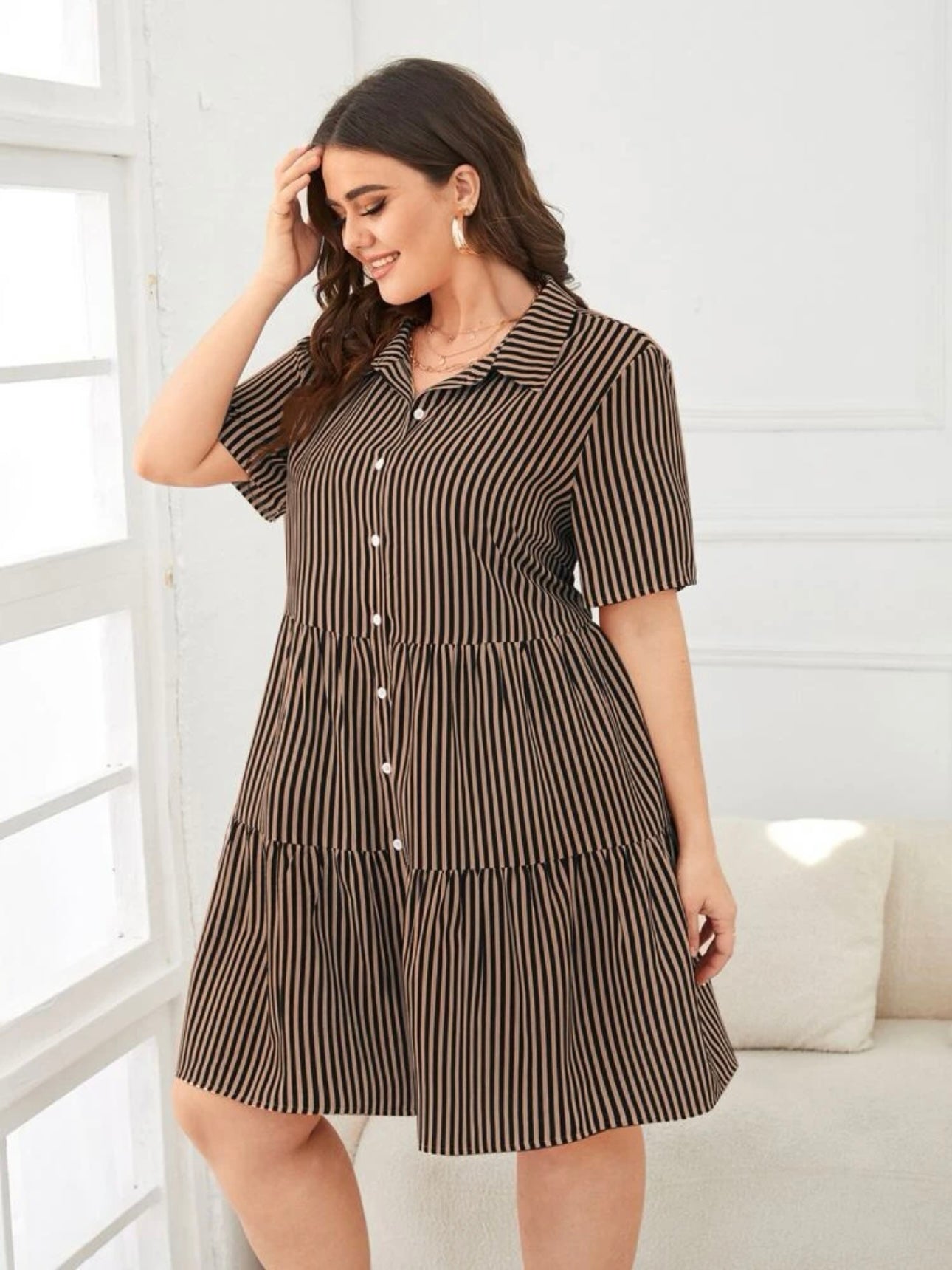 Button Down Flounce Hem Plus Size Polo Dress