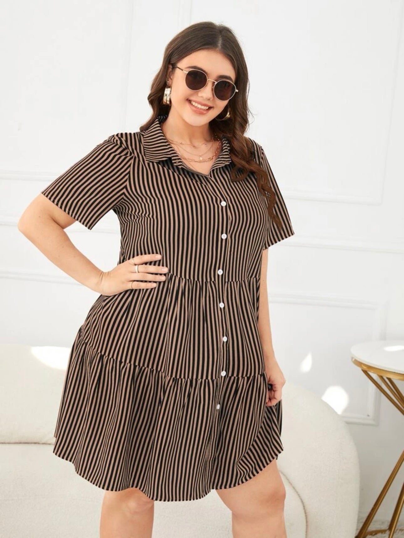 Button Down Flounce Hem Plus Size Polo Dress