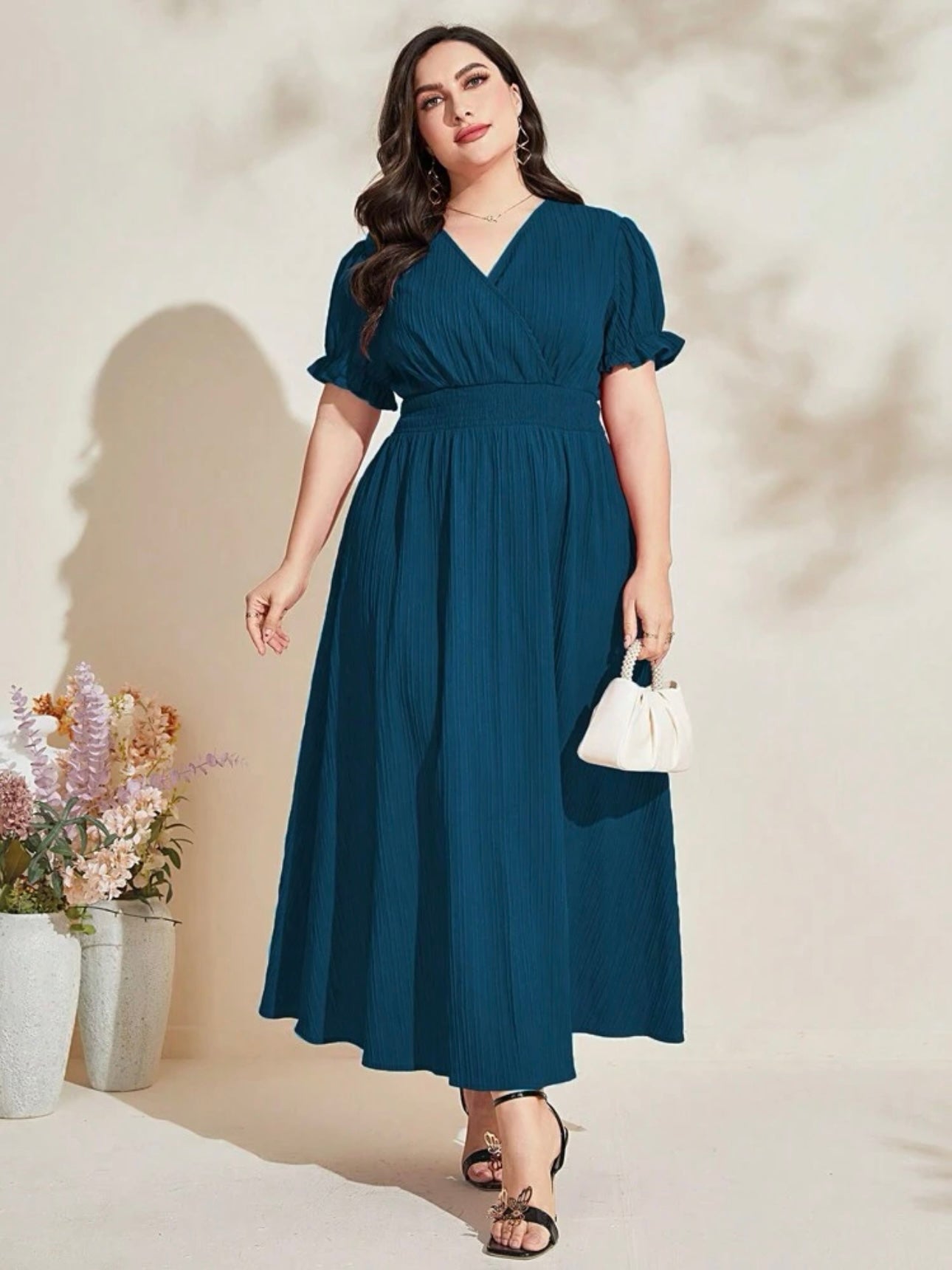 Surplice V-neck Elastic Sleeve Garter Waist Plus Size Dress