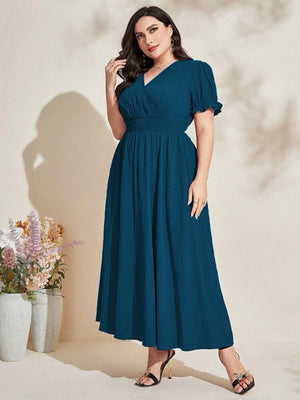 Surplice V-neck Elastic Sleeve Garter Waist Plus Size Dress