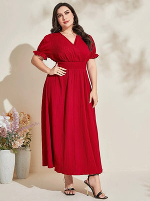 Surplice V-neck Elastic Sleeve Garter Waist Plus Size Dress