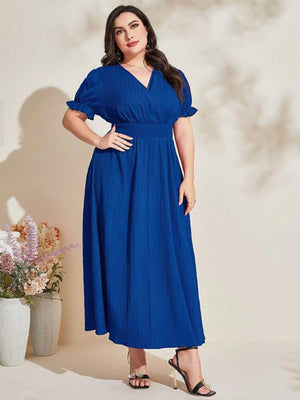 Surplice V-neck Elastic Sleeve Garter Waist Plus Size Dress