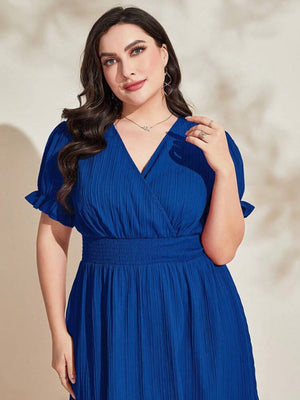 Surplice V-neck Elastic Sleeve Garter Waist Plus Size Dress