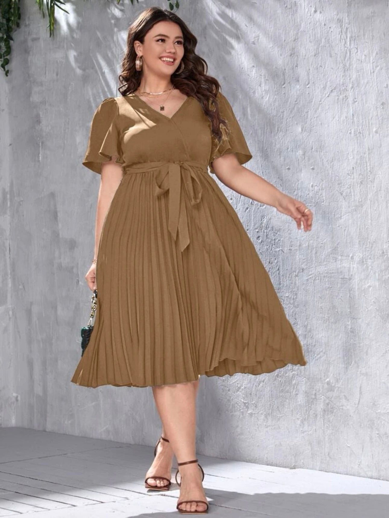 Surplice V-neck Trumpet Sleeve Self Belt Pleated Plus Size Dress