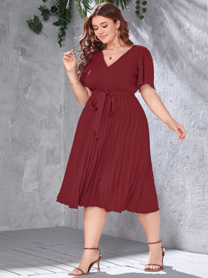 Surplice V-neck Trumpet Sleeve Self Belt Pleated Plus Size Dress