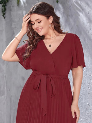 Surplice V-neck Trumpet Sleeve Self Belt Pleated Plus Size Dress