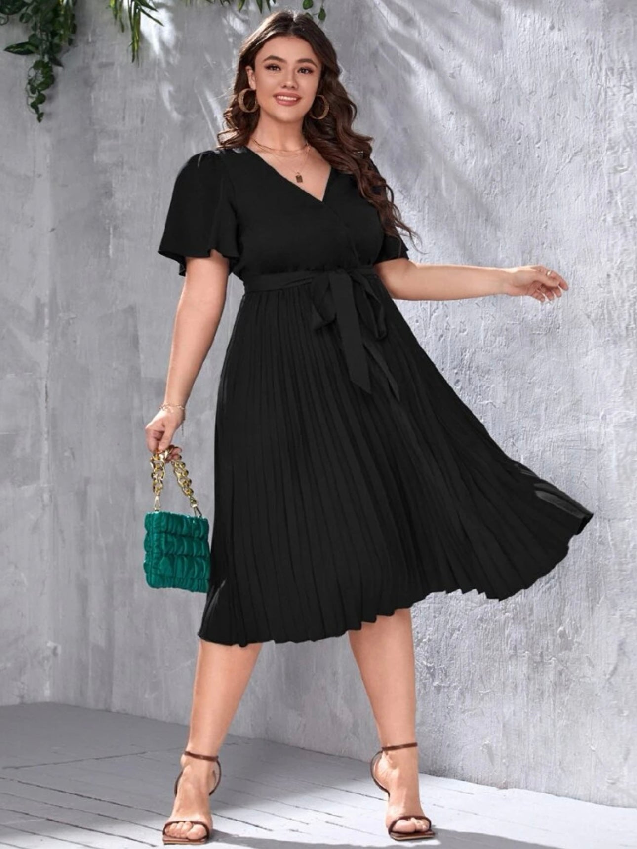 Surplice V-neck Trumpet Sleeve Self Belt Pleated Plus Size Dress