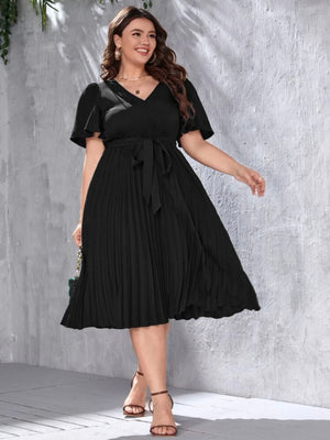 Surplice V-neck Trumpet Sleeve Self Belt Pleated Plus Size Dress