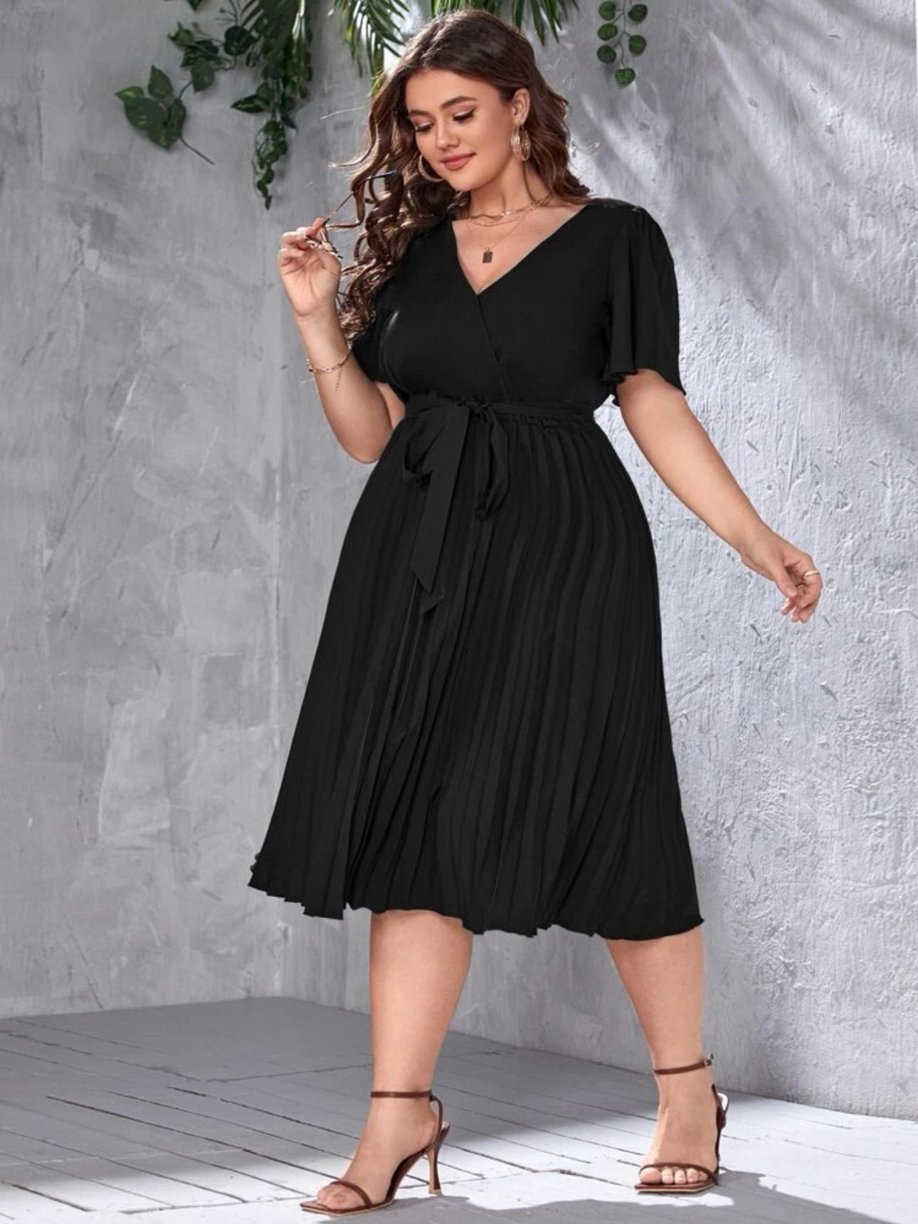 Surplice V-neck Trumpet Sleeve Self Belt Pleated Plus Size Dress