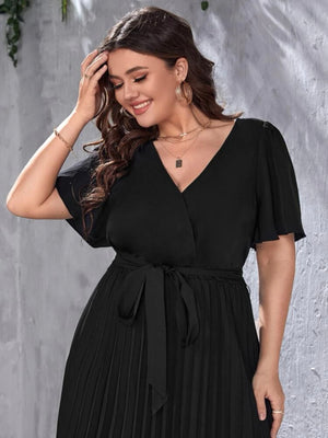 Surplice V-neck Trumpet Sleeve Self Belt Pleated Plus Size Dress