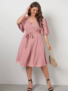 Surplice V-neck Oversize Sleeve Pearl Detail Self Belt Plus Size Dress