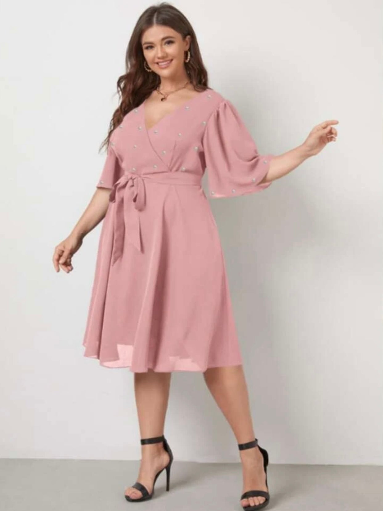 Surplice V-neck Oversize Sleeve Pearl Detail Self Belt Plus Size Dress