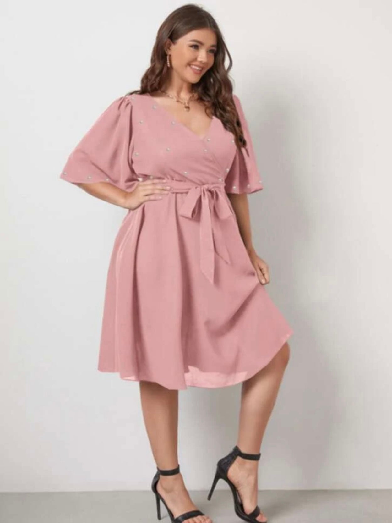 Surplice V-neck Oversize Sleeve Pearl Detail Self Belt Plus Size Dress