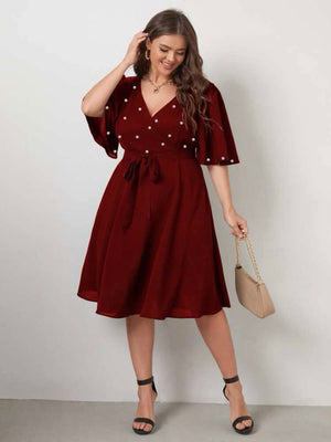 Surplice V-neck Oversize Sleeve Pearl Detail Self Belt Plus Size Dress