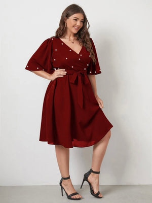 Surplice V-neck Oversize Sleeve Pearl Detail Self Belt Plus Size Dress