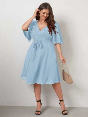 Surplice V-neck Oversize Sleeve Pearl Detail Self Belt Plus Size Dress