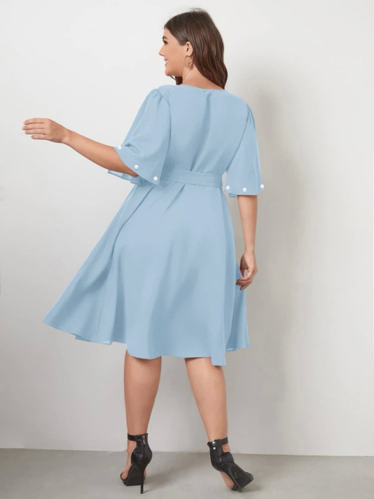 Surplice V-neck Oversize Sleeve Pearl Detail Self Belt Plus Size Dress