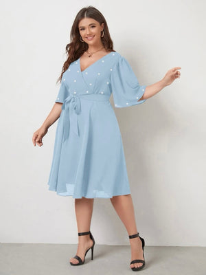 Surplice V-neck Oversize Sleeve Pearl Detail Self Belt Plus Size Dress