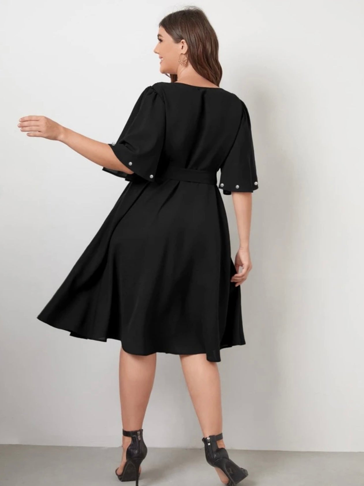 Surplice V-neck Oversize Sleeve Pearl Detail Self Belt Plus Size Dress