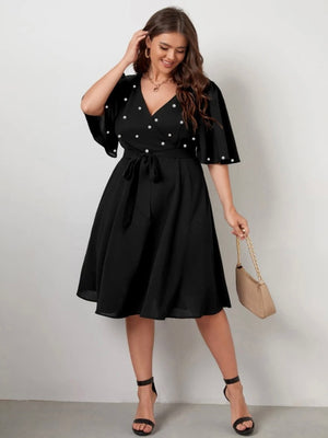 Surplice V-neck Oversize Sleeve Pearl Detail Self Belt Plus Size Dress