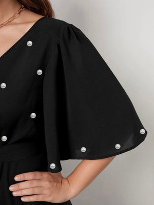 Surplice V-neck Oversize Sleeve Pearl Detail Self Belt Plus Size Dress