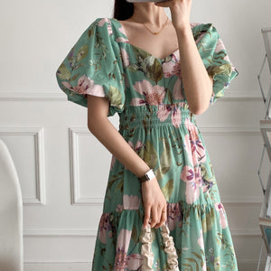 Floral Puff Sleeve Square Neckline Flounce Babydoll Dress